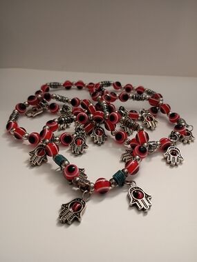Set Of 5 Red Evil Eye Hamsa Charm Bracelets- Red Beaded Jewelry Stretchy String